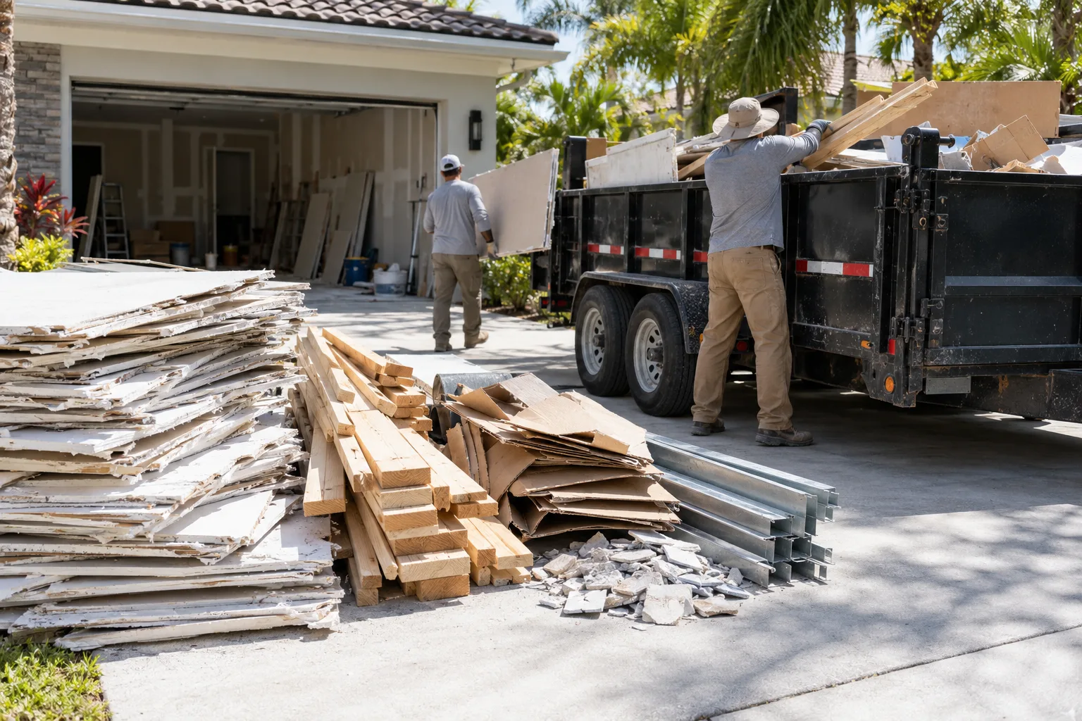 Workers loading sorted construction debris from a residential project